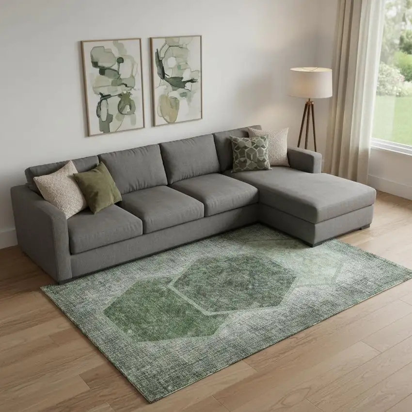 Olive Green And Charcoal Geometric Washable Area Rug With UV Protection Photo 1