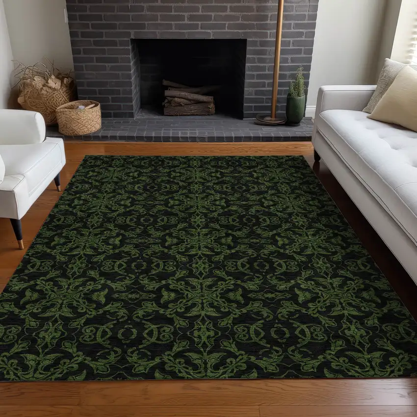 Olive Green And Charcoal Medallion Washable Area Rug With UV Protection Photo 5