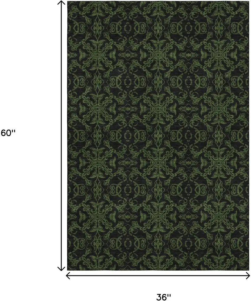 Olive Green And Charcoal Medallion Washable Area Rug With UV Protection Photo 3