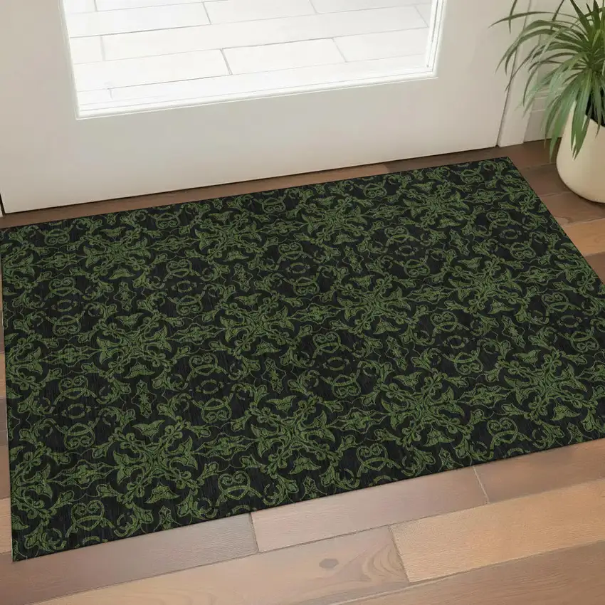 Olive Green And Charcoal Medallion Washable Area Rug With UV Protection Photo 1
