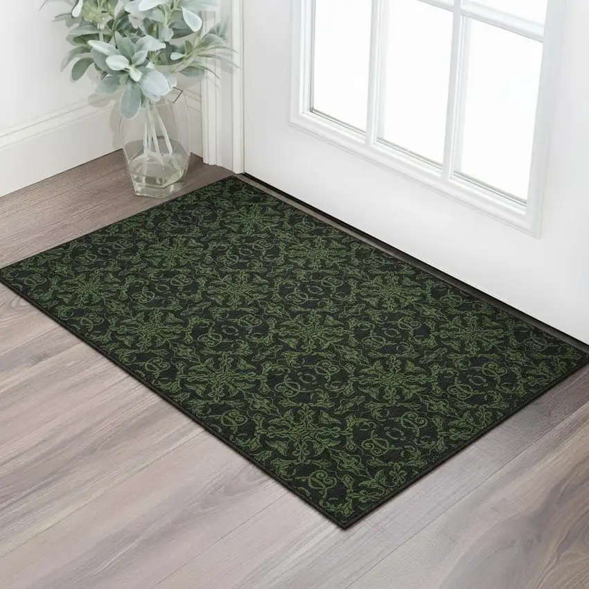 Olive Green And Charcoal Medallion Washable Area Rug With UV Protection Photo 2