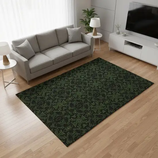 Olive Green And Charcoal Medallion Washable Area Rug With UV Protection Photo 2