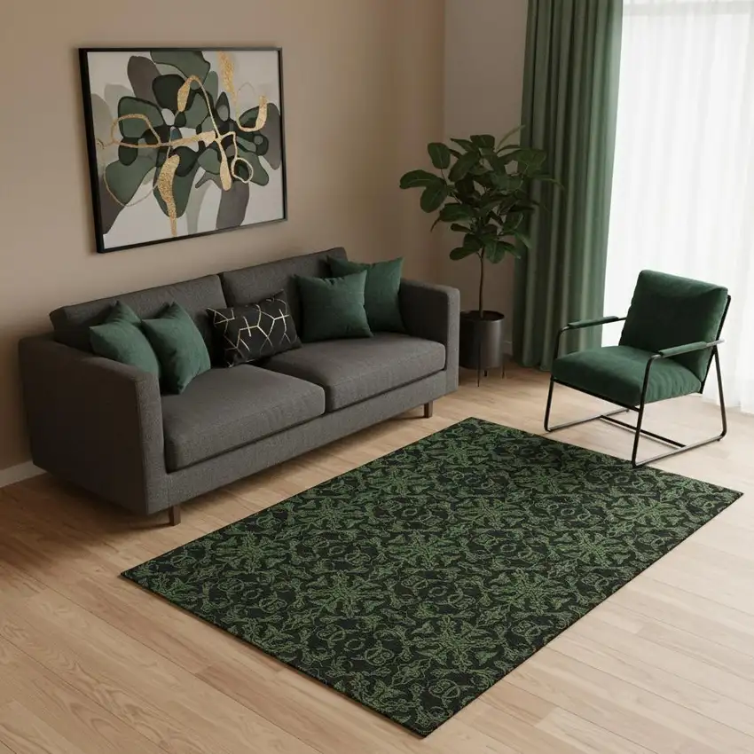 Olive Green And Charcoal Medallion Washable Area Rug With UV Protection Photo 1