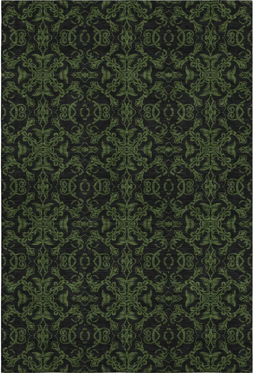 Olive Green And Charcoal Medallion Washable Area Rug With UV Protection Photo 1
