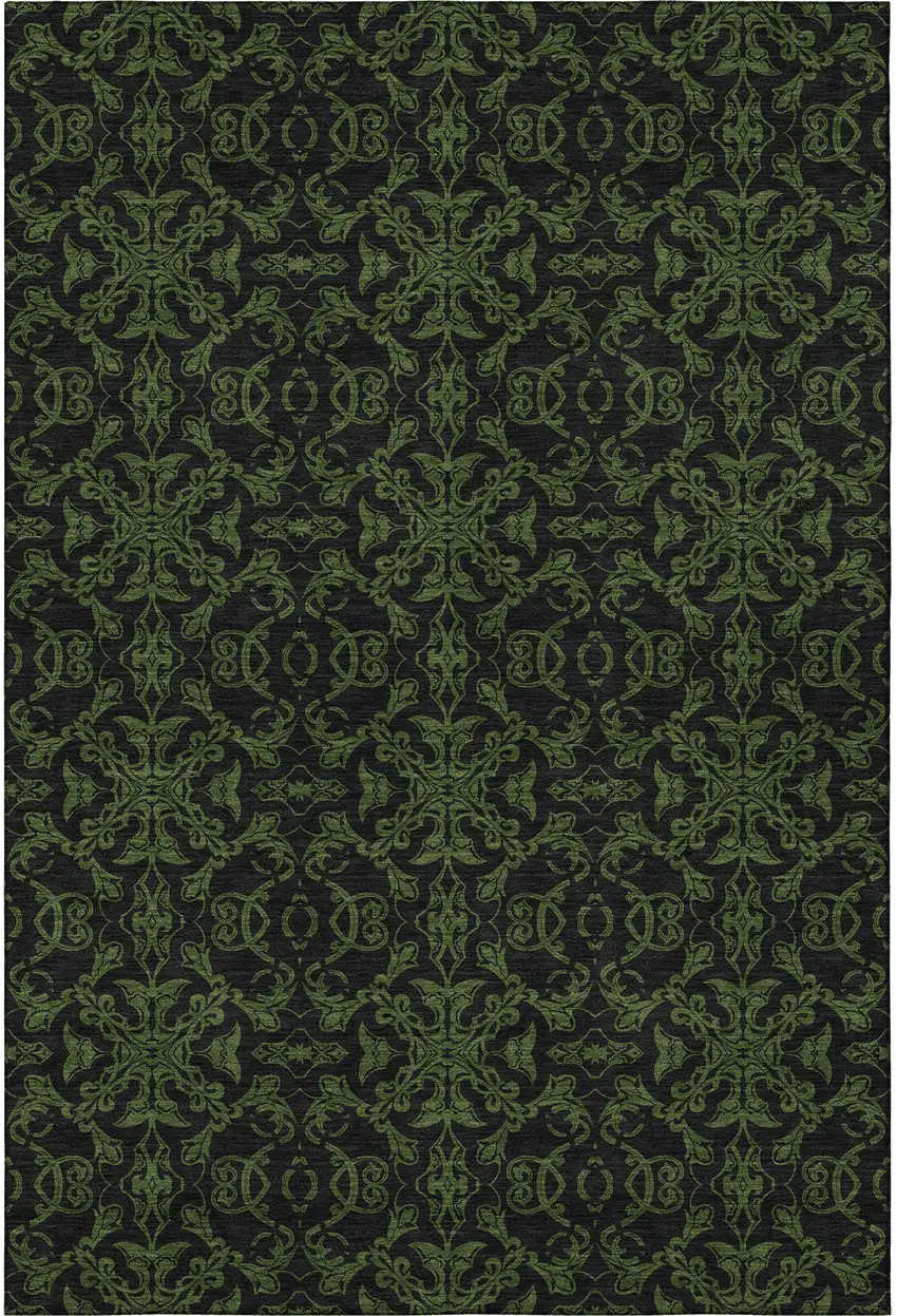 Olive Green And Charcoal Medallion Washable Area Rug With UV Protection Photo 4