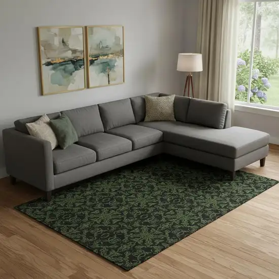 Olive Green And Charcoal Medallion Washable Area Rug With UV Protection Photo 1