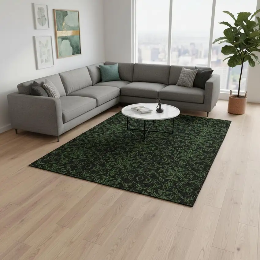 Olive Green And Charcoal Medallion Washable Area Rug With UV Protection Photo 2