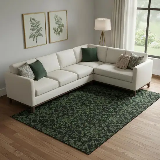 Olive Green And Charcoal Medallion Washable Area Rug With UV Protection Photo 1