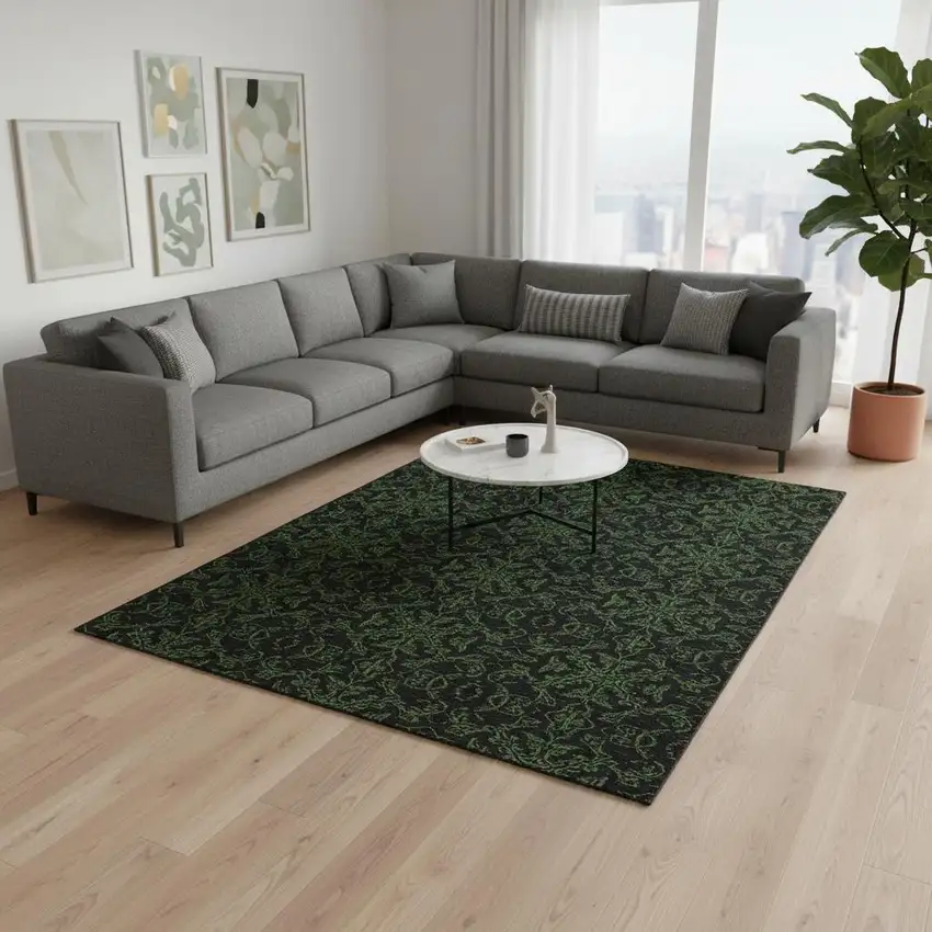 Olive Green And Charcoal Medallion Washable Area Rug With UV Protection Photo 2
