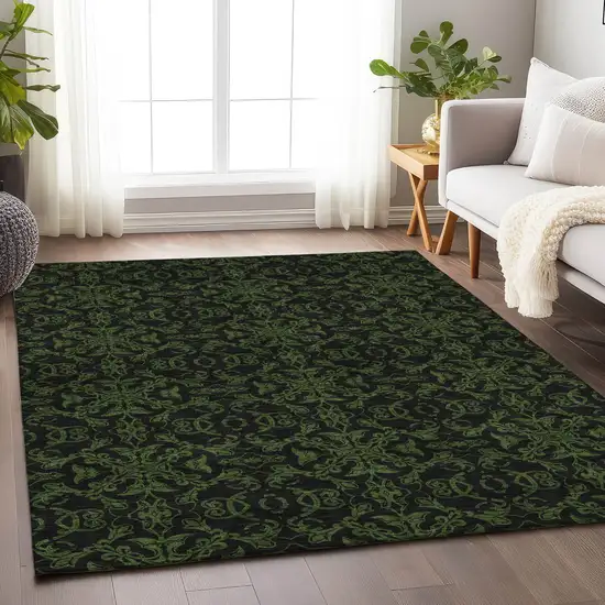 Olive Green And Charcoal Medallion Washable Area Rug With UV Protection Photo 7