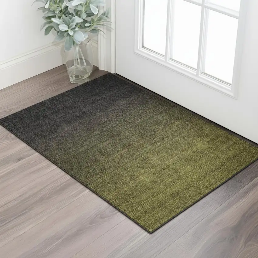 Olive Green And Charcoal Ombre Washable Area Rug With UV Protection Photo 1