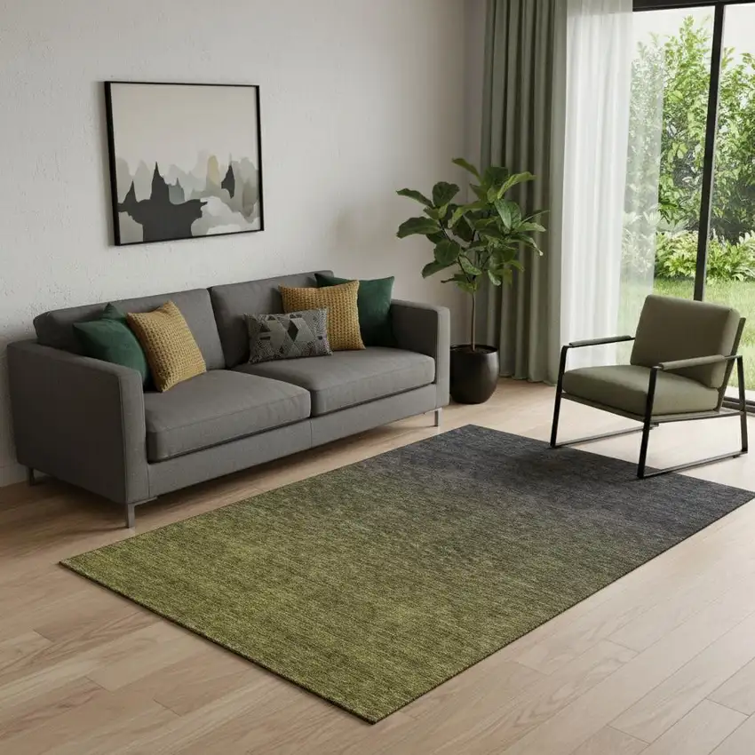 Olive Green And Charcoal Ombre Washable Area Rug With UV Protection Photo 1