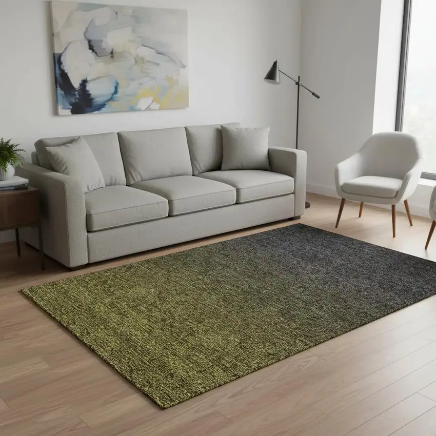 Olive Green And Charcoal Ombre Washable Area Rug With UV Protection Photo 2