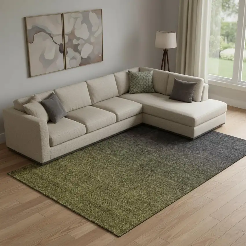 Olive Green And Charcoal Ombre Washable Area Rug With UV Protection Photo 1