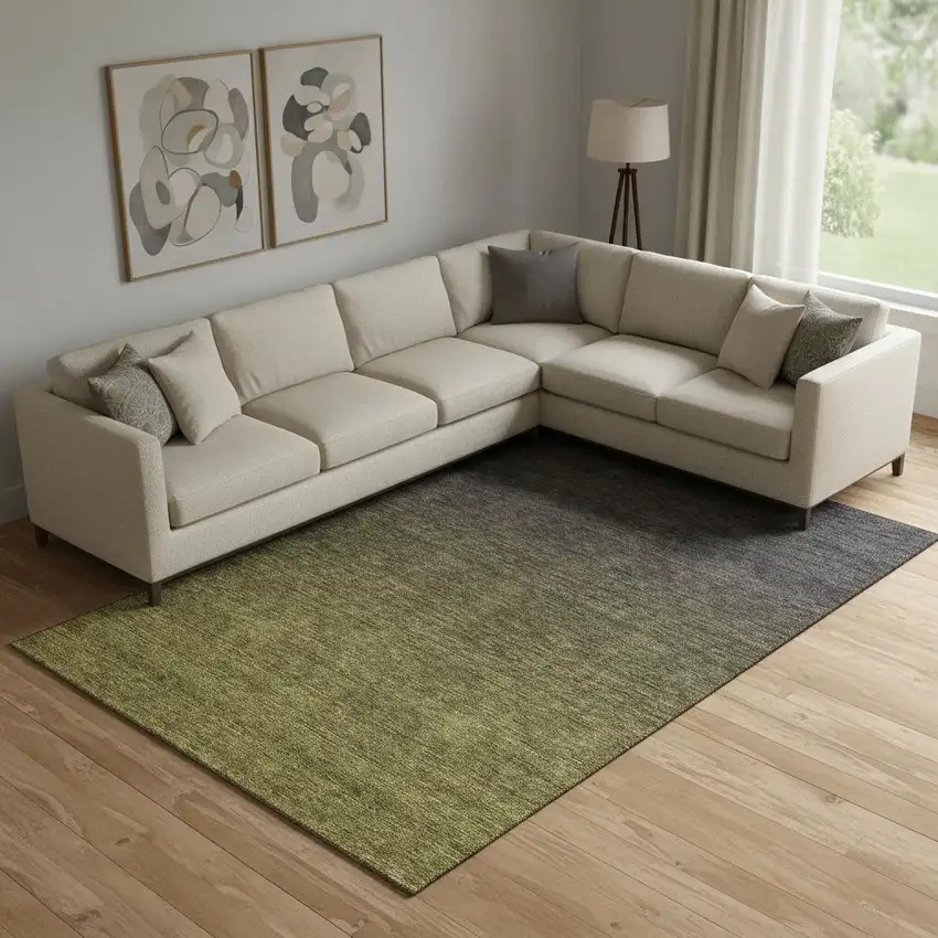 Olive Green And Charcoal Ombre Washable Area Rug With UV Protection Photo 1