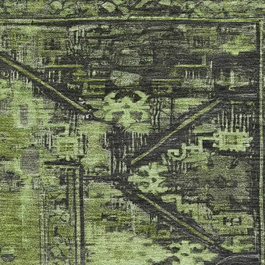 Olive Green And Charcoal Oriental Washable Area Rug With UV Protection Photo 2