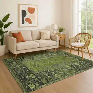 Photo of Olive Green And Charcoal Oriental Washable Area Rug With UV Protection