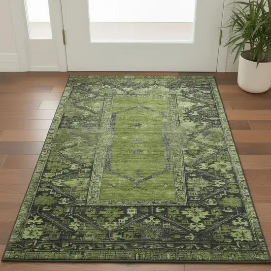 Olive Green And Charcoal Oriental Washable Area Rug With UV Protection Photo 2