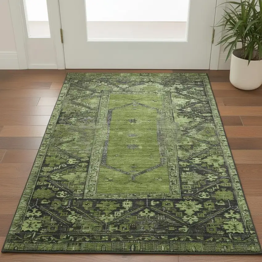 Olive Green And Charcoal Oriental Washable Area Rug With UV Protection Photo 2