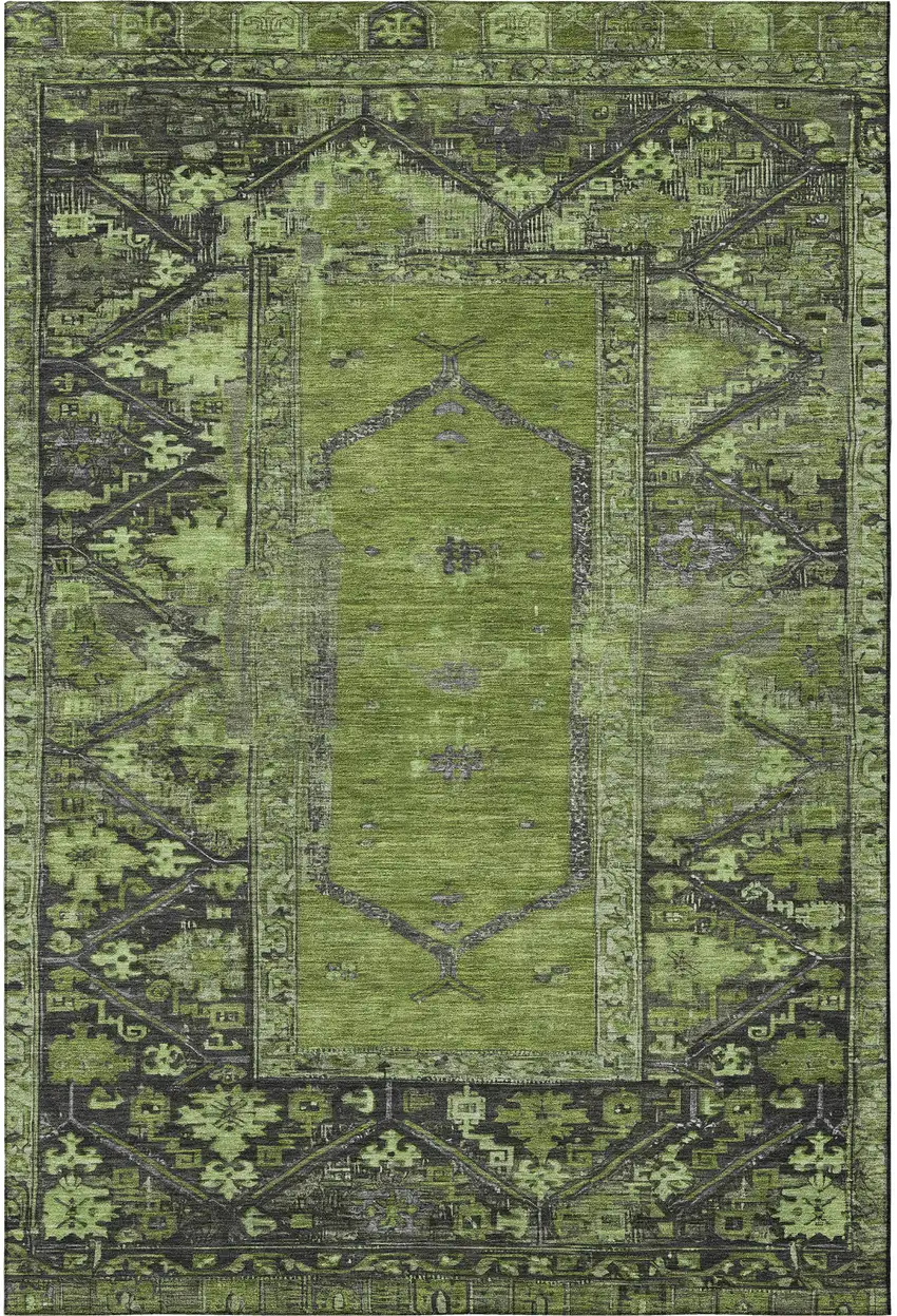 Olive Green And Charcoal Oriental Washable Area Rug With UV Protection Photo 3