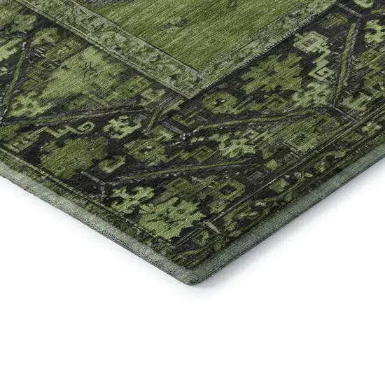 Olive Green And Charcoal Oriental Washable Area Rug With UV Protection Photo 7