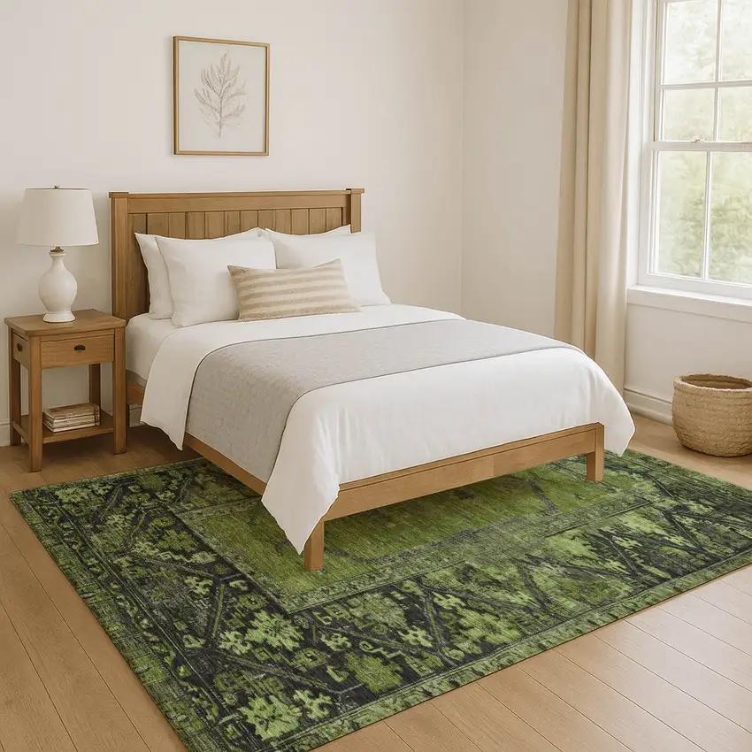 Olive Green And Charcoal Oriental Washable Area Rug With UV Protection Photo 5