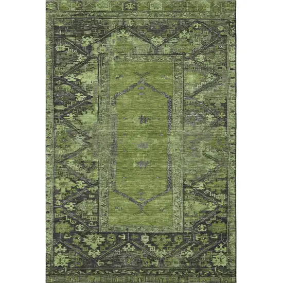 Olive Green And Charcoal Oriental Washable Area Rug With UV Protection Photo 4