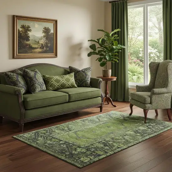 Olive Green And Charcoal Oriental Washable Area Rug With UV Protection Photo 2