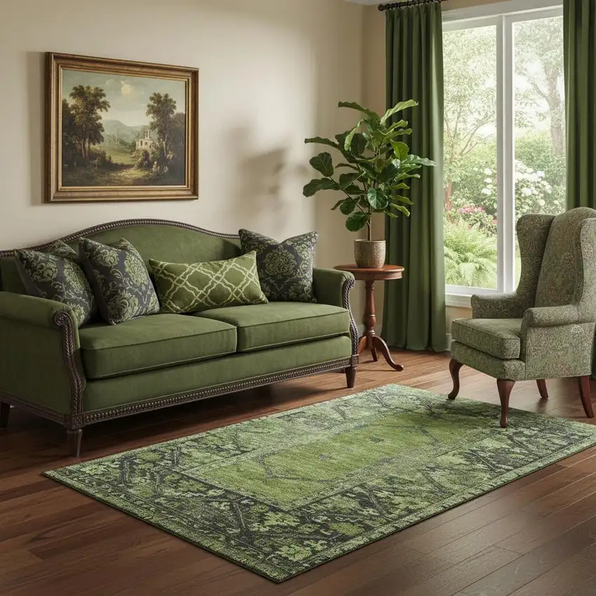 Olive Green And Charcoal Oriental Washable Area Rug With UV Protection Photo 2