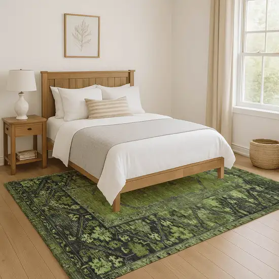Olive Green And Charcoal Oriental Washable Area Rug With UV Protection Photo 5