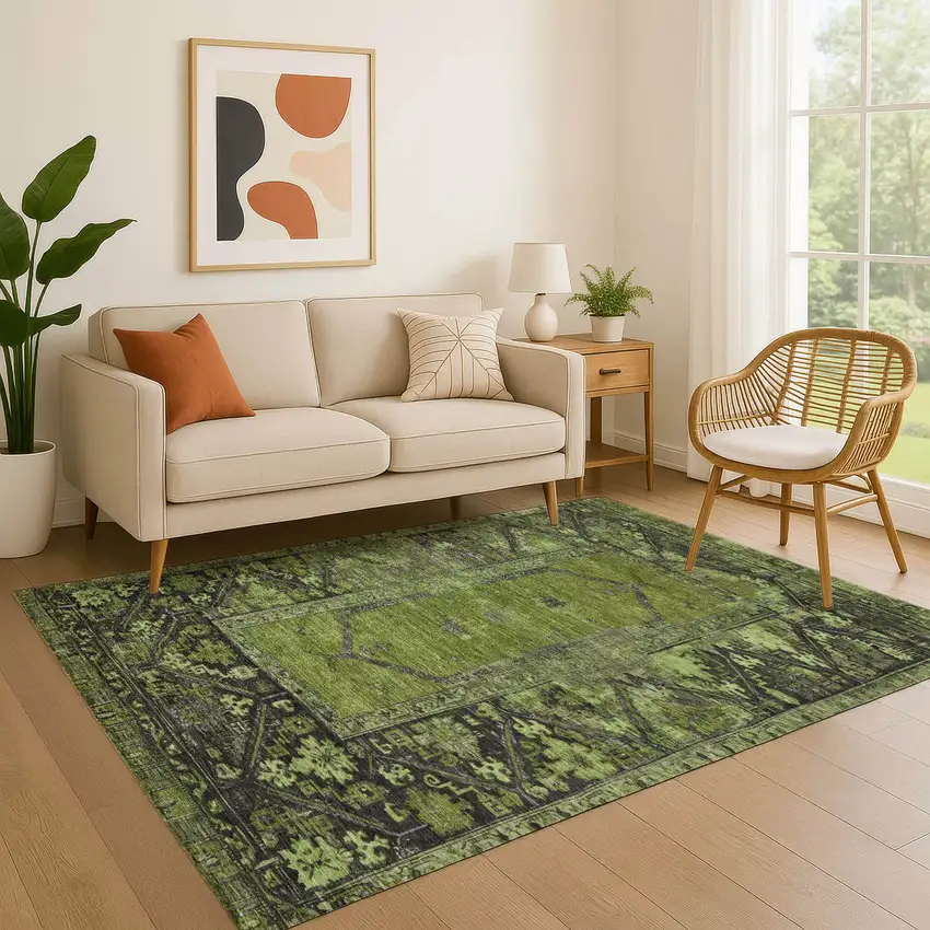 Olive Green And Charcoal Oriental Washable Area Rug With UV Protection Photo 4