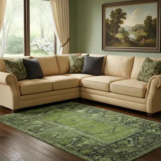 Olive Green And Charcoal Oriental Washable Area Rug With UV Protection Photo 2