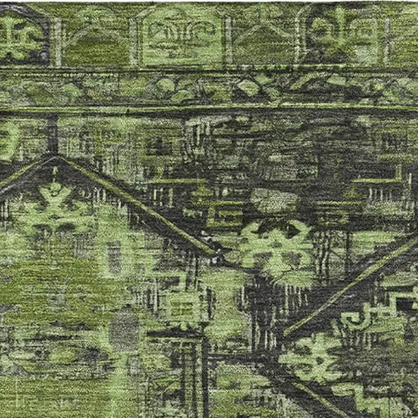 Olive Green And Charcoal Oriental Washable Area Rug With UV Protection Photo 2