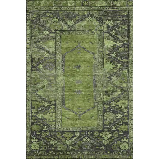 Olive Green And Charcoal Oriental Washable Area Rug With UV Protection Photo 1