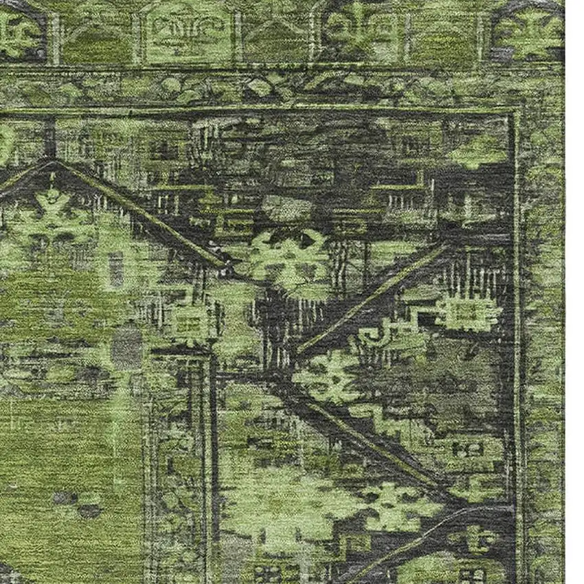 Olive Green And Charcoal Oriental Washable Area Rug With UV Protection Photo 3