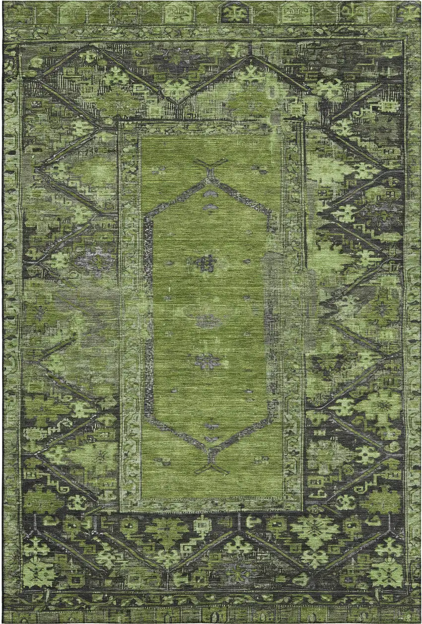 Olive Green And Charcoal Oriental Washable Area Rug With UV Protection Photo 1
