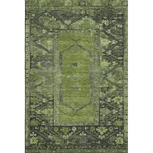 Photo of Olive Green And Charcoal Oriental Washable Area Rug With UV Protection