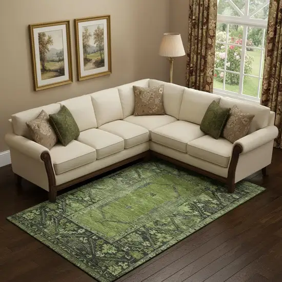 Olive Green And Charcoal Oriental Washable Area Rug With UV Protection Photo 2