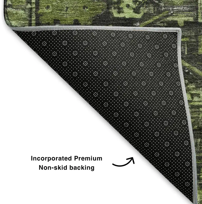 Olive Green And Charcoal Oriental Washable Area Rug With UV Protection Photo 6