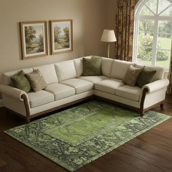 Olive Green And Charcoal Oriental Washable Area Rug With UV Protection Photo 2