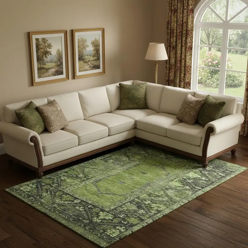 Olive Green And Charcoal Oriental Washable Area Rug With UV Protection Photo 2