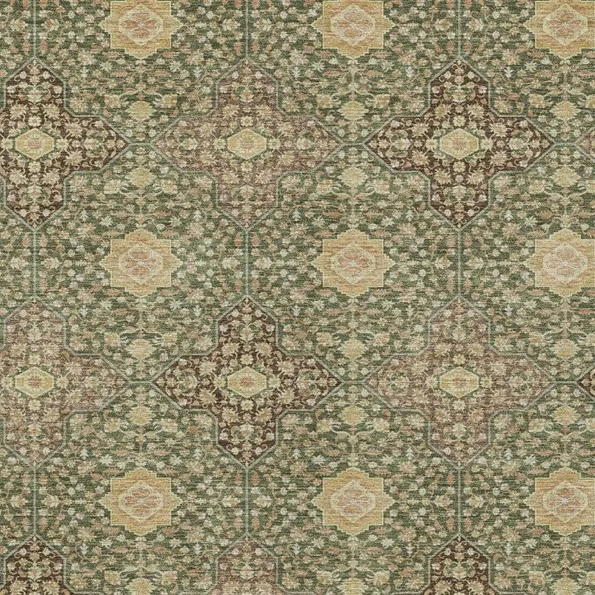 Olive Green And Chocolate Damask Washable Indoor Outdoor Area Rug Photo 3