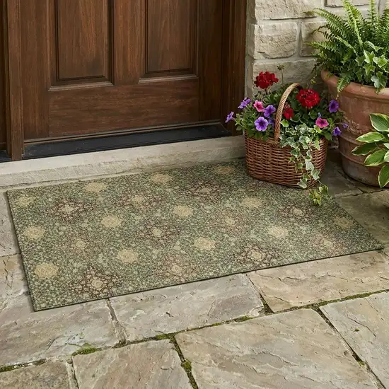 Olive Green And Chocolate Damask Washable Indoor Outdoor Area Rug Photo 1