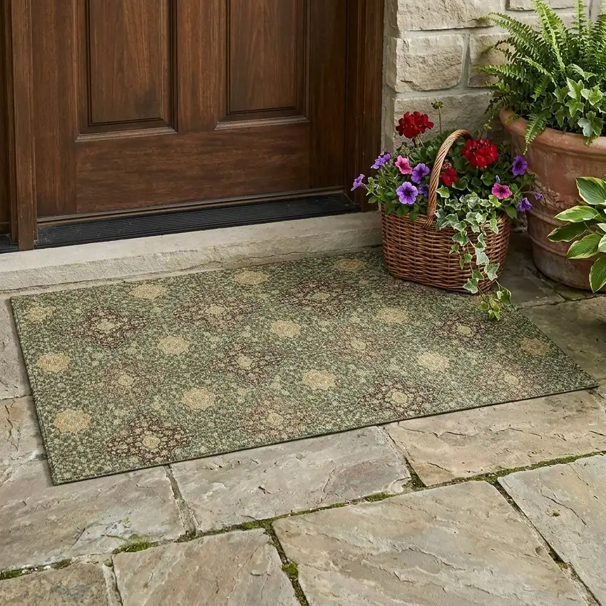 Olive Green And Chocolate Damask Washable Indoor Outdoor Area Rug Photo 1