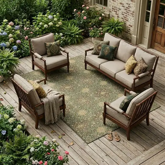 Olive Green And Chocolate Damask Washable Indoor Outdoor Area Rug Photo 1