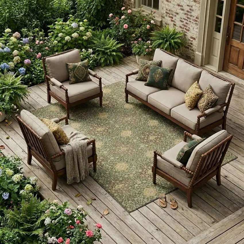 Olive Green And Chocolate Damask Washable Indoor Outdoor Area Rug Photo 1
