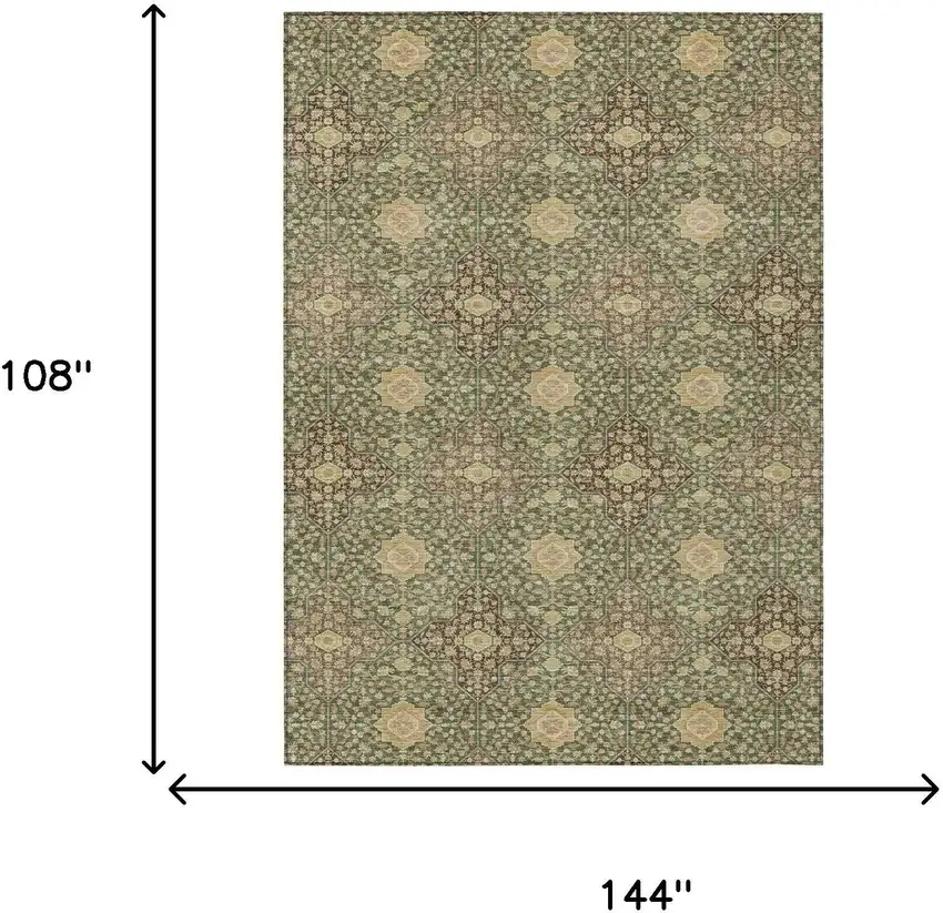 Olive Green And Chocolate Damask Washable Indoor Outdoor Area Rug Photo 7
