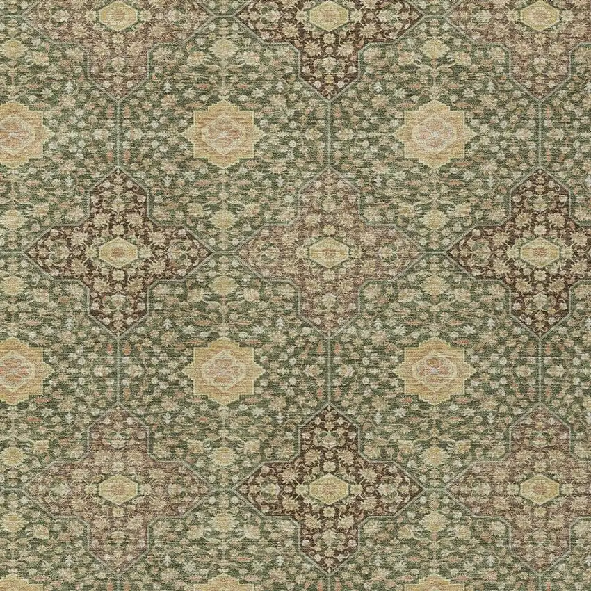 Olive Green And Chocolate Damask Washable Indoor Outdoor Area Rug Photo 3