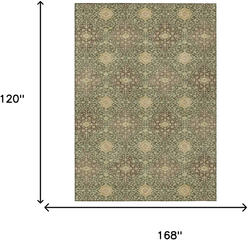 Olive Green And Chocolate Damask Washable Indoor Outdoor Area Rug Photo 7