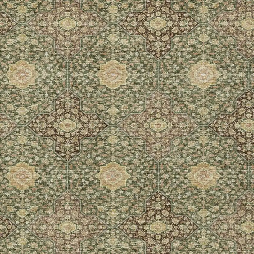 Olive Green And Chocolate Damask Washable Indoor Outdoor Area Rug Photo 3